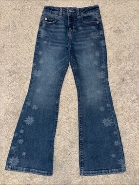 Girls' Dark Blue Floral-Print Flare Jeans